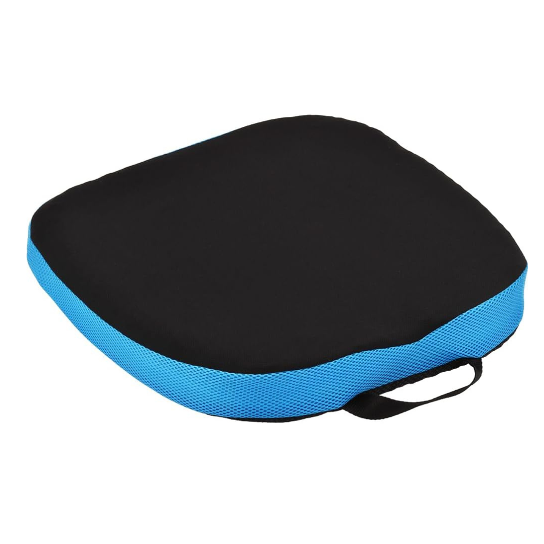 The Nova Medical Happy Collection features an ergonomic black and blue gel cushion with a side handle and lumbar support, providing enhanced comfort from an aerial perspective.